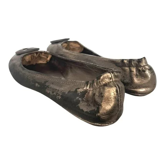 Tory Burch Minnie Leather Ballet Flats 8 Pewter Grey Metallic Double T Logo - Picture 8 of 10